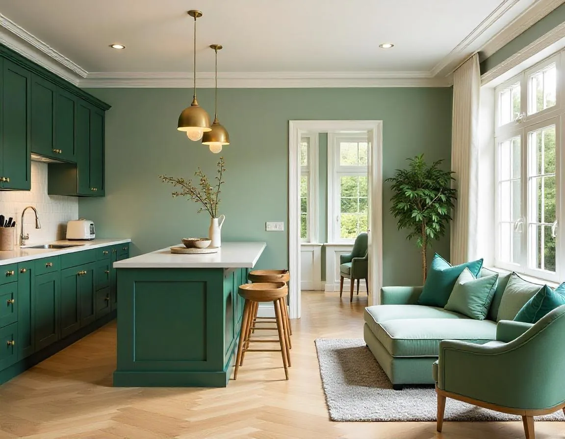 Luxe groene keuken en woonkamer als inspiratie voor interieur renovatie